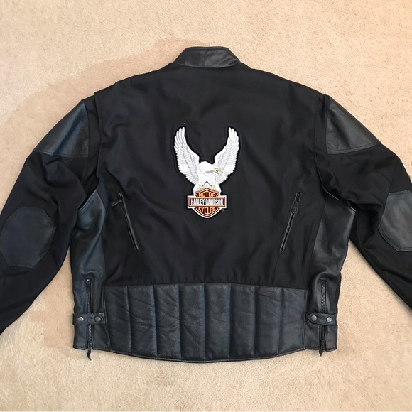 Mens Leather Nylon Motorcycle Riding Jacket Size 54 2X Black Harley Patches - Picture 3 of 16